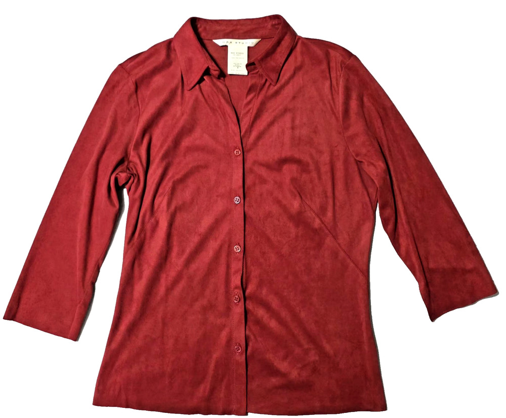 Max Studio Red Faux Suede Button Down Shirt Y2K Vintage Size Medium Made in USA